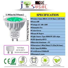 JSVSAL MR16 (GU10 Base) LED Light Bulb,Dimmable,120-Volt,Green, 6-Watt(50-Watt Equivalent), Aluminum Casing,40 Degree MR16 LED Spot Track Light Bulb,2-Pack