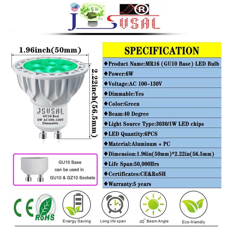 JSVSAL MR16 (GU10 Base) LED Light Bulb,Dimmable,120-Volt,Green, 6-Watt(50-Watt Equivalent), Aluminum