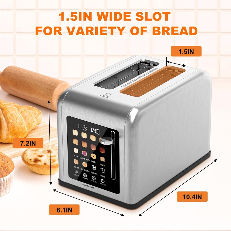 2 Slice Toaster Touch Screen, Stainless Steel Toasters Digital Timer