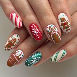 Almond Press on Nails Christmas Fake Nails Full Cover Oval Shaped False Nails with Gingerbread Man Candy Cane Snowflake Designs Xmas Glue on Nails Cute Short Almond Christmas Acrylic Nails for Women