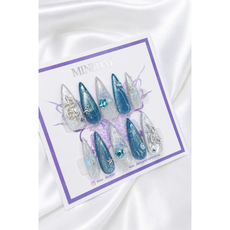 Silver Star Aqua Handmade Nail Tips - Ballerina / 실버