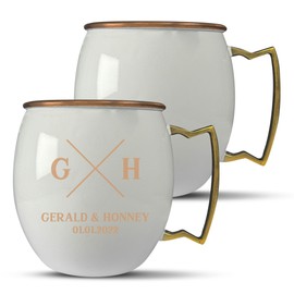 Custom Copper Moscow Mule with Smooth Painted Finish - Engraved Bar Style 100% Copper Cup with Bold X Wedding ThemedEngraving, Brass Handle | 18 oz, White | Set of 2