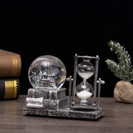 Antique Snow Globe with 15 mins Hourglass Timer LED Musical Crystal Snow Globe Music Box Collectibles Sand Clock Timer for Fireplace Mantel Home Decorations Silver Castle