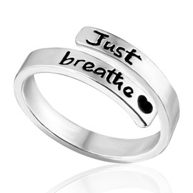 Just Breathe Ring for Women, 0.79in in Diameter Hope Rings Adjustable Silver Inspirational Rings Metal Carved Heart Healing Rings Wrap Open Rings Jewelry Gift