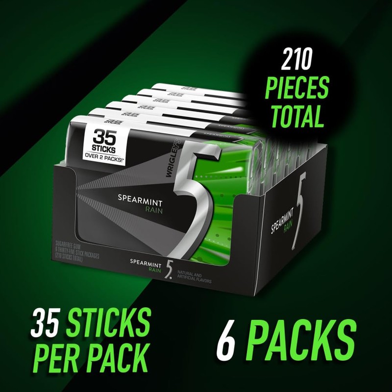 5 GUM - Spearmint Rain Sugar-Free, Chewing Gum, 35-Stick Pack,