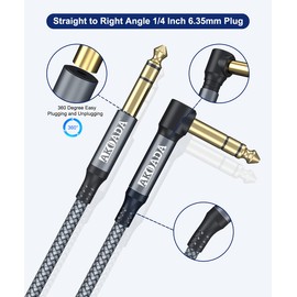 AkoaDa 1/4 Inch TRS Instrument Cable 2 Pack 15 ft, Right Angle 6.35mm Male to Male Stereo Jack Balanced Audio Path Cord Interconnect Cable for Mixer, Speaker, Microphone, Equalizer, Amp, Bass, & More