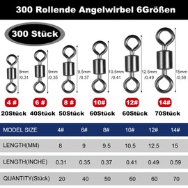 Annyswit Pack of 200/300 Carabiner Swivels Fishing Trout 4# 6# 8# 10# 12# 14# Fishing Swivels Solid Rings Barrel Swivels Fishing Accessories Swivels for Avoid Tangling Fishing Lines