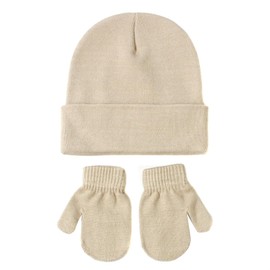 ISAKEN Children's Hat and Gloves Set Warm Winter Hat Mittens Lined Fleece Hat Caps Ear Flap for Boys Girls Toddlers 2-5 Years, beige