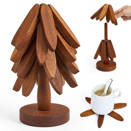 YUEXINKJWooden Trivets for Hot Dishes Tree Shape Set of 4 Walnut Wood Plus 1 Storage Holder Multi-Functional Decorative Heat Resistant Mats Pots Bowls Teapots Pans Handcrafted Non-Slip Design