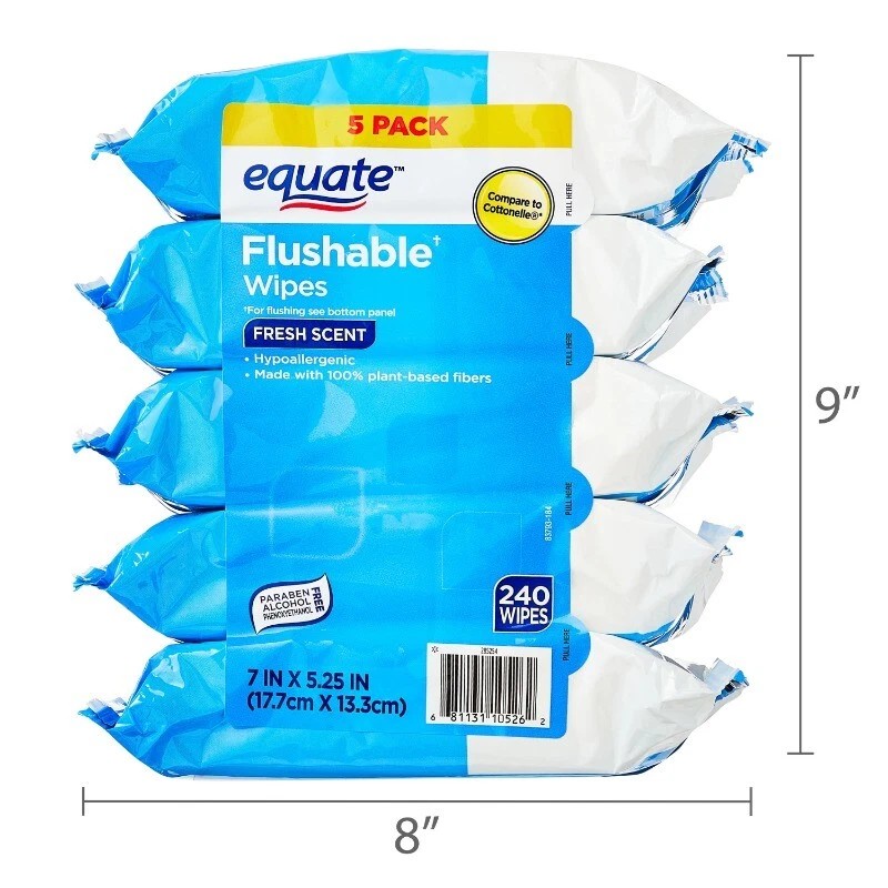 Equate Hypoallergenic Flushable Wet Wipes, Fresh Scent, 240 Wipes, 5