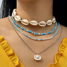 Natural Seashell Starfish Beaded Necklace for Women, Bohemian Summer Shell Layered Necklace，Shell Pearl Necklaces,Tropical Beach Party Jewelry，Ocean Jewelry Accessories (Blue Beaded)