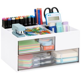 LETURE Office Desk Organizer with 2 Drawers and 4 Compartments, Plastic Desktop Stationary Organizer Storage, Pen/Pencil/Business Card/Sticky Note Tray/Paperclip Holder Storage Box (White)