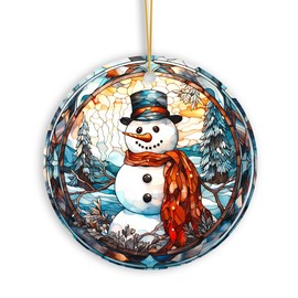 Elegant Snowman Stained Glass Themed Ceramic Christmas Ornament
