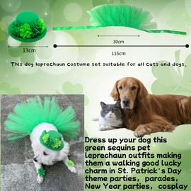 St Patrick's Day Costume For Female Dog Cat 4pcs Hat, Skirt, Footflower, Collar With Clover Pattern Adjustable For Small Medium Dogs Cats (4pcs Female Green Set)