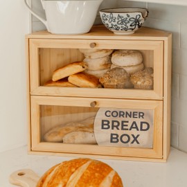 BakedBin Corner Bread Box for Kitchen Countertop - New 2025 Design, Vintage Bamboo Wooden BreadBox, Large, Double Layer Storage for Homemade Bread, Sourdough, Panera, Under Cabinet Organizer