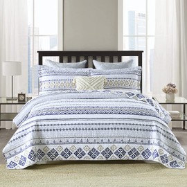 SahSahCasa Quilt Queen Size, Queen Quilt Set, 100% Cotton Boho Quilt, Queen Quilt Bedding Set Bedspreads, Bohemian Reversible Lightweight Striped Quilts Bedspread for All Season, White/Navy/Beige