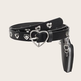 Love Heart Buckle Belt with Detachable Waist Bag Cool Rivet Belt Women Waistband Mini Belt Bag