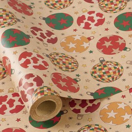 RUSPEPA Kraft Christmas Wrapping Paper Roll, Mini Roll, Western Christmas Ornament Design with Cow Print, Plaid and Star Pattern, Kraft Gift Wrap for Holiday, Winter Party, 17 Inches x 16.4 Feet