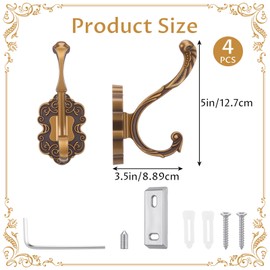 zisiueel 4 Pcs Vintage Coat Hooks Antique Wall Hooks Towel Hook for Hanging Purse Hat Keys Clothes Curtain Unique Heavy Duty Bathroom Hook for Wall (Brass)