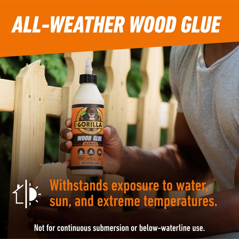 Gorilla Ultimate Waterproof Wood Glue, Natural Wood Color, 18 Ounce