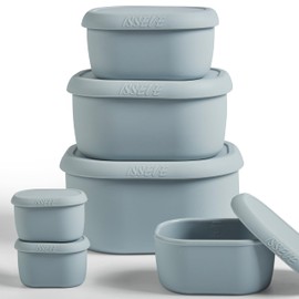 ISSEVE 6Pcs/Set Nesting Silicone Food Storage Containers with Lids, BPA Free Reusable Meal Prep Silicone Containers Lunch Box Bento Box Set (33.8oz, 20oz, 10oz, 6.7oz, 1.3oz) (Grey)