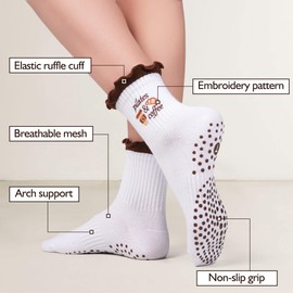 Juedverty 2 Pairs Women's Cute Pilates Ruffle Socks, Grippy Non-Slip Crew Socks with Embroidery for Yoga Barre Workout