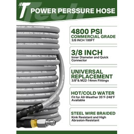 TechSweepPro 3/8" 4800PSI Pressure Washer Hose 100FT with Swivel Quick Connect for Cold/Hot Water Max 248°F, Kink Resistant Steel Wire Braided, Wear Resistant Power Washer Hose with M22 14mm Adapter