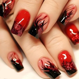 Red Press on Nails Medium Square Fake Nails Flame Stripe Stick on Nails Red Glitter Acrylic Press on Nails Flower Design Artificial Nails Full Cover Glue on Nails for Women Girls Manicure Kit