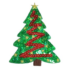 Sequin Christmas Tree - Green/Red with Yellow Star - Embroidered Iron on Patch