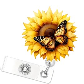 Yellow Sunflower Butterfly Badge Clip Cute Funny Badge Reels Retractable Name Badge Reel Glitter Badge Clip Summer Retractable Badge Holders Id Badge Reel for Nurse Doctor Student Office Gifts