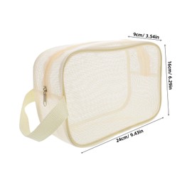 Healvian Travel Mesh Makeup Bag Stylish Beige Toiletry Organizer with Portable Handle Breathable Material for Travel Gym and Business Trips Versatile Makeup Pouch for Men and Women