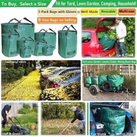 Standard 3-Pack 32 Gallons Yard Garden Bags (D18, H30 inches) with Gardening Gloves, Standable Reusable Leaf Bags,Plant Trimming Bag,Yard Waste Bags,Trash Container,Lawn Grass,Weeds Bag w/ 4 Handles