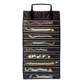 UnionPlus Velvet Travel Jewelry Case Roll Bag Organizer for Necklace, 9 Zipped Grids, Coffee