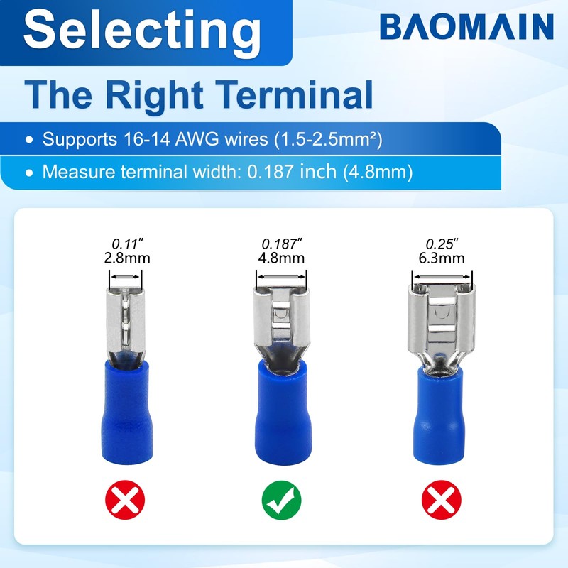 Baomain 200-Pack 0.187" Female Quick Disconnect Spade Terminals, 16-14 AWG