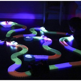 TBAO Magic Track Race Track 240Piece+2car Dark Racer Bend Flex Roll Glow with Truck and Car Set… (240+2CAR)