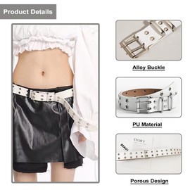 Grommet PU Leather Belts Y2K Punk Waist Belts Double Grommet Stars Adjustable Waist Belt Rock Niche Design Belt Vintage Jeans Belts for Women or Men(White)