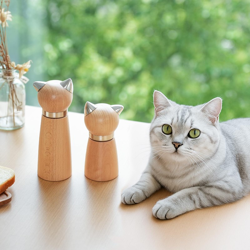 VKCHEF Pepper Mill Wood Salt Rock Mill Cat Design Set