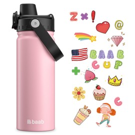 baab 18oz Kids Water Bottle, Insulated Kids Water Bottle with Lockable Spout Lid & Stickers, 18/8 Stainless Steel Vacuum Leakproof Kid Water Cup with Handle for Sports Travel & School (Pink, 1 Pack)
