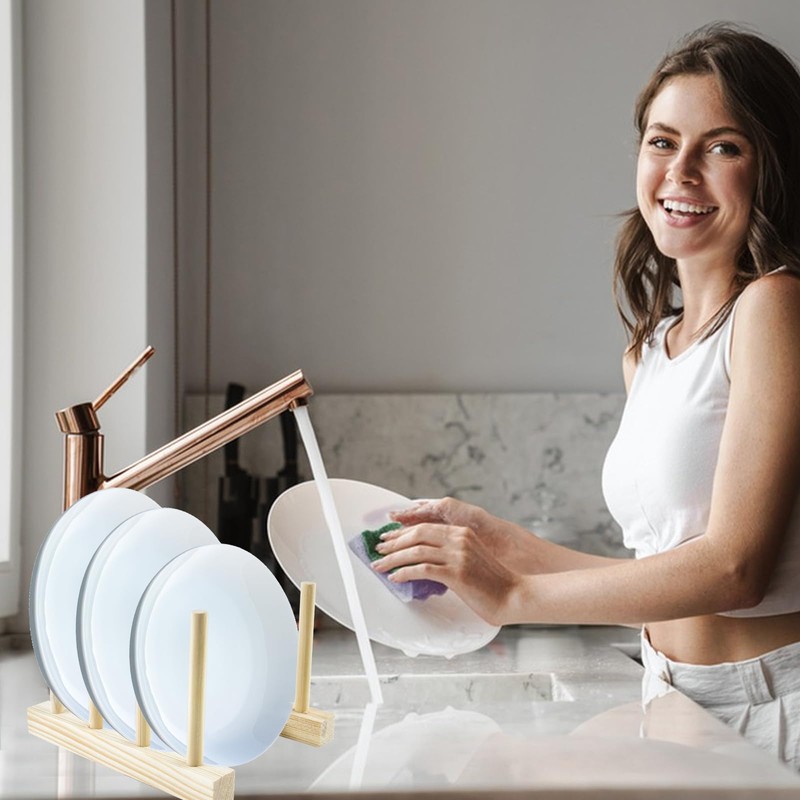 MIDELONG Bamboo Wooden Dish Rack, Plates Holder Dish Drying Rack