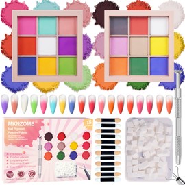 MKNZOME 18 Colours Pigment for Nails, Nail Powder, Nail Powder, Pack of 100 Nail Art Sponge with Metal Gripper, Ombre Glitter Powder, Nail Art, Nail Decoration for DIY Nail Design, E+F