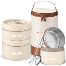 Dandat 3 Pcs Portable Insulated Lunch Container Set for Adult, Stackable Stainless Steel Bento Box for Hot Food with Insulated Lunch Bag Unisex 3 Separate Thermal Food Container(Beige)