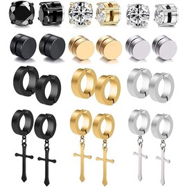 WAINIS 12 Pairs Stainless Steel Non Pierced Magnetic Earrings for Men Women CZ Clip on Dangle Magnet Earrings Set