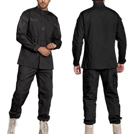 YKS JOOB Men's Tactical Combat Jacket and Pant Set Ripstop Military Uniform Outdoor Hunting Paintball Airsoft Casual Clothes Black XL