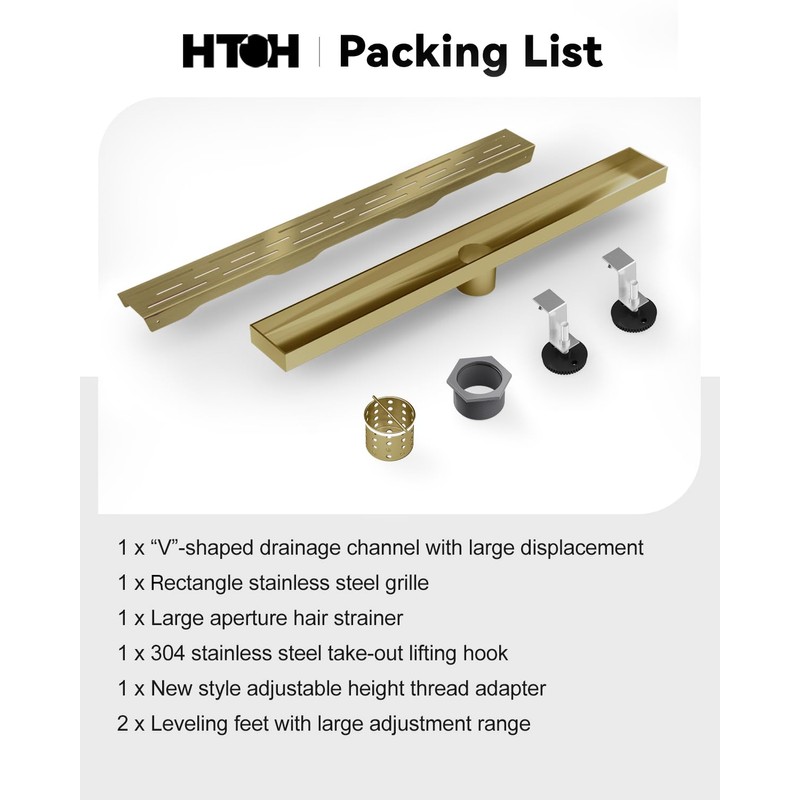 HTOH Brushed Gold Shower Drain 28 Inch, 304 Stainless Steel