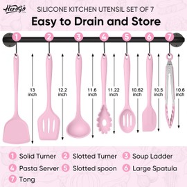Herogo Silicone Cooking Utensils Set, 7-Piece Kitchen Utensils Set, Heat Resistant Cooking Gadget Tools Slotted Turner, Spoon, Soup Ladle, Pasta Server, Spatula, Tongs for Nonstick Cookware, Pink