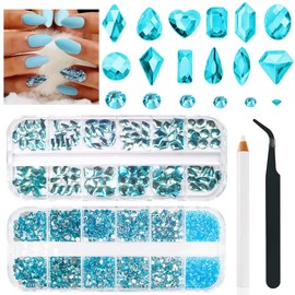 qiipii Aquamarine Nail Rhinestones Water Blue Rhinestones for Nails Nail Charms Multi Shapes Flatback Gems Lake Blue Round K9 Glass Stones Diamonds jewels Crystals for Nails Faces Eyes Makeup Crafts