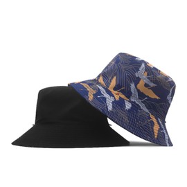 Laquest Large Size Reversible Bucket Hat with Chin Strap, Unisex (Men's/Women), Black/Crane Pattern, Navy, XL