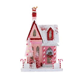 Cody Foster & Co Christmas Candy Cane Cottage, 14.0 inch, Paper Board, Village Light Up Putz Retro, Collectible Buildings, Hou301, Pink