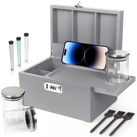 TISEMENT Large Bamboo Box with Combination Lock, Grey Decorative Storage Box with Detachable Compartment, Wooden Box with Alright Jars & Brushes as Great Gift Choice.