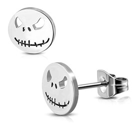 YZstyle Stainless Steel Black/Silver Jack Skellington Cut-Out Round Circle Button Stud Post Earrings（10mm） (SilverER0026)